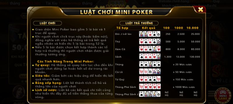 Phương thức tính thưởng trong Mini Poker